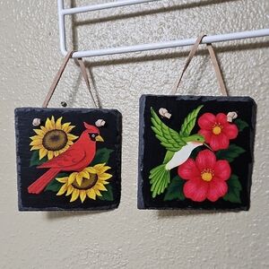 Natural Stone Hand Painted Slate Hummingbird And Cardinal Wall Hangings 5 Inch